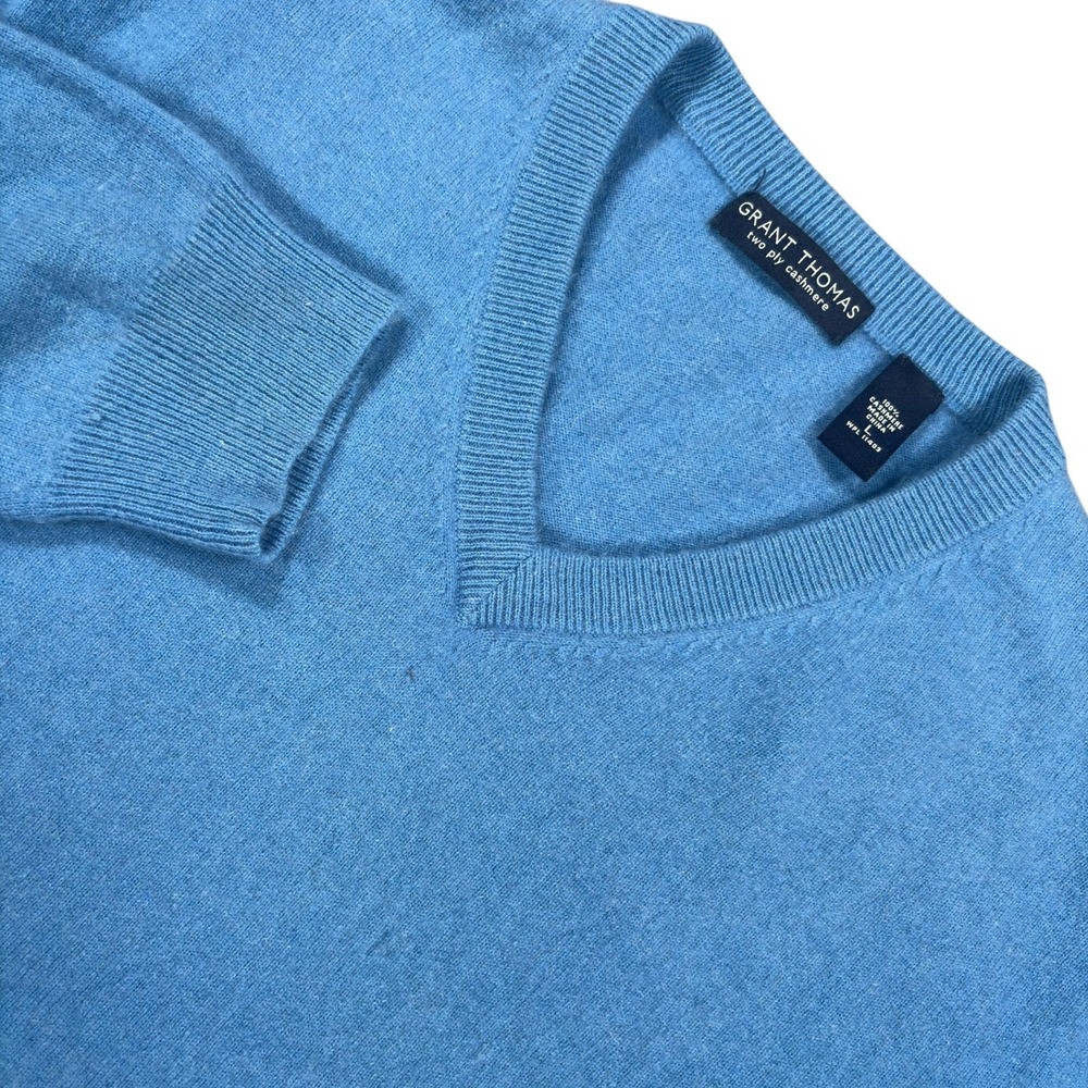 Grant Thomas V-Neck Cashmere Sweater Mens L Blue Two Ply Knit Pullover